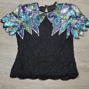 Vintage 80's Laurence Kazar Iridescent Peacock Sequin Beaded Top Small Silk